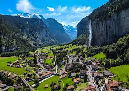 The Lauterbrunnen valley in Switzerland known as the valley of 72 waterfalls and inspiration for Lord of the Rings